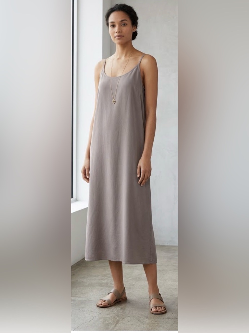 EILEEN FISHER Tencel Lyocell Slip Dress midi taupe neutral minimalist Lagenlook
